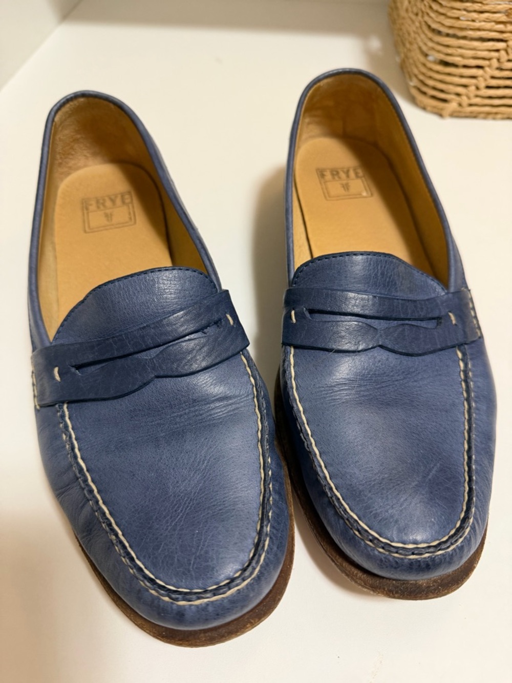Frye women Denim Blue Leather Penny Loafers 8.5